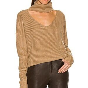 Revolve LPA Sweater Foldover neckline front cut out Drop shoulder Camel Sz M